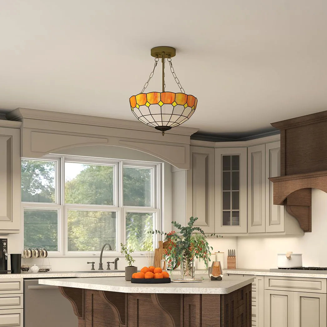 HOMCOM Tiffany Style Ceiling Light with 3 E27 Sockets – Vintage Stained Glass Semi Flush Chandelier