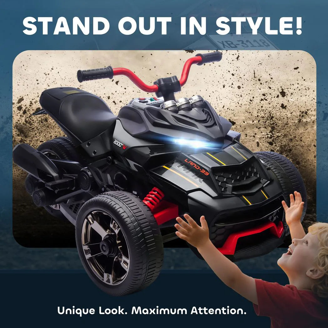 AIYAPLAY 12V Kids Electric Ride-On Quad Bike with MP3 Player, Horn and LED Lights – Reverse Trike for Ages 3-8, Black