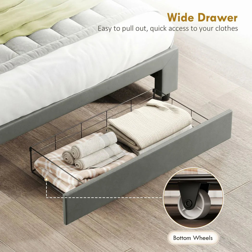 HOMCOM King Size PU Leather Ottoman Bed Frame with Front Drawer and Adjustable Headboard – Gas Lift, Grey