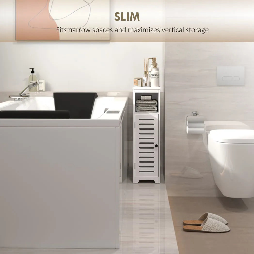 HOMCOM Slim Bathroom Floor Cabinet with Louvered Door, Open Shelf and Adjustable Shelf – Storage Unit, White