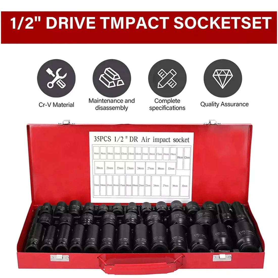 Heavy Duty 40 Piece 1/2 Inch Drive Deep Impact Socket Set, 8–32mm Metric – Chrome Molybdenum Steel Sockets