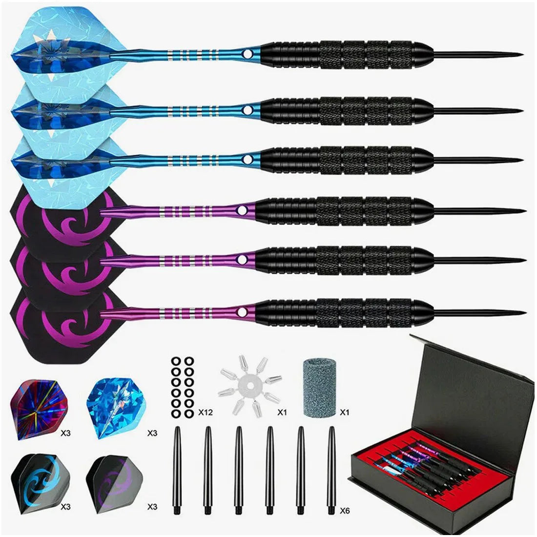 24g Steel Tip Darts Set of 6 with 12 Flights & Storage Case – Professional Darts for Bristle Dartboards