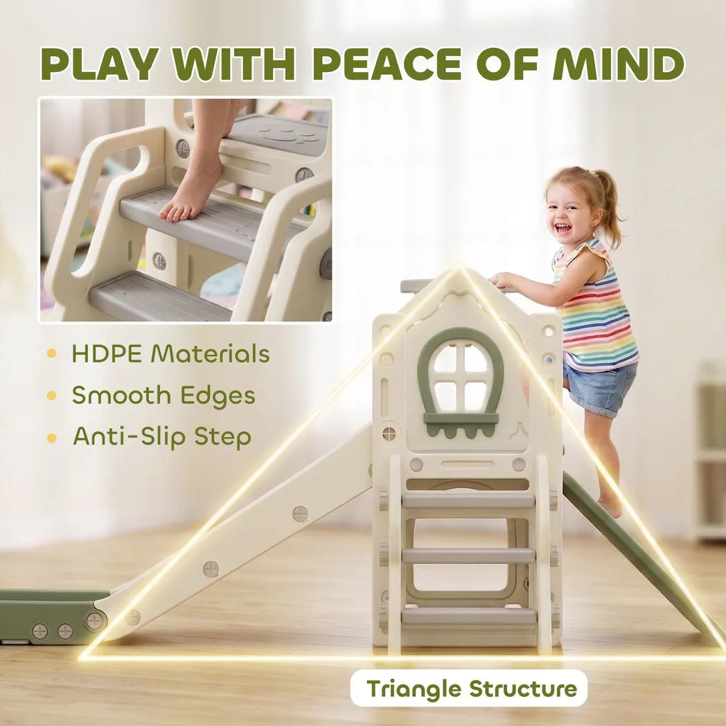 AIYAPLAY Foldable 5 in 1 Toddler Slide with Ladder, Climbing Wall, Basketball Hoop and Storage – Cream