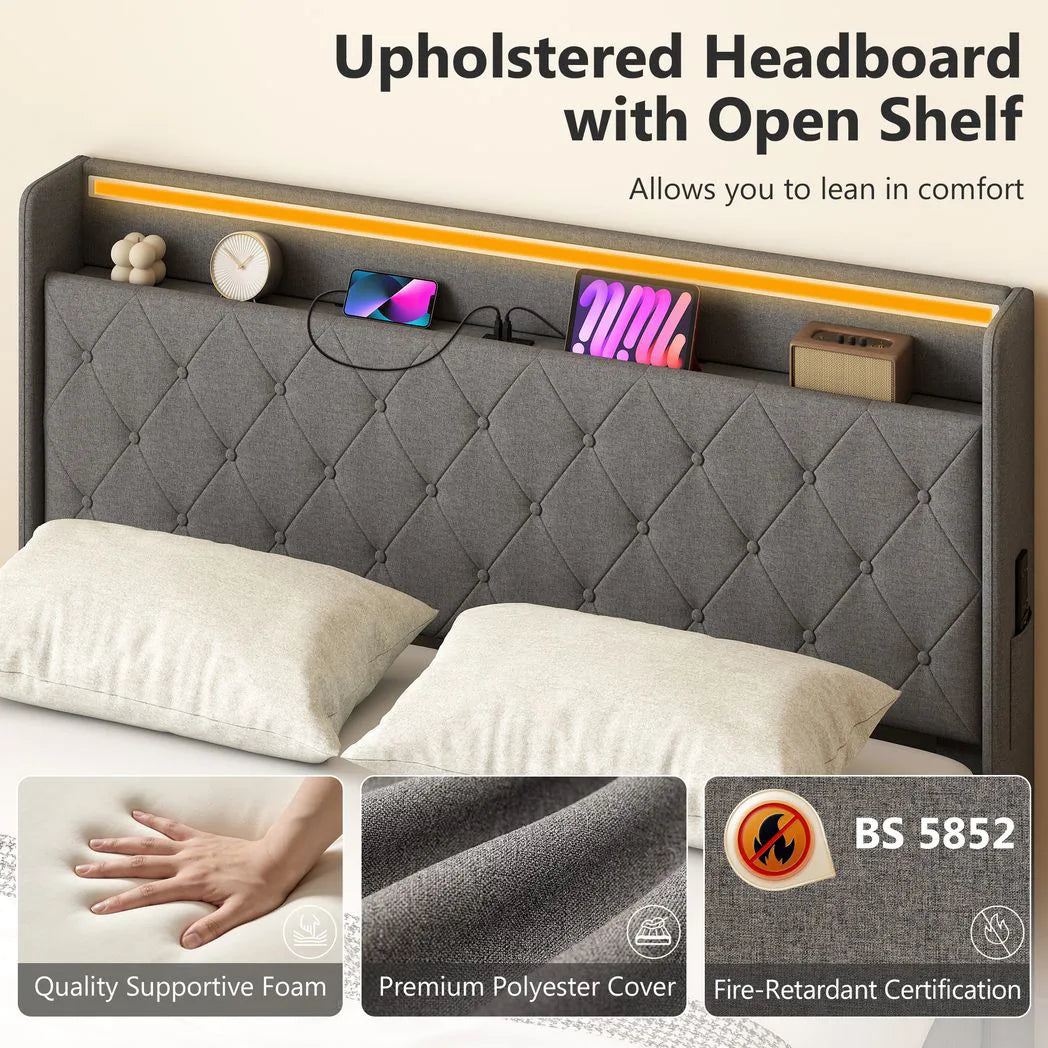 HOMCOM 5ft King Bed Frame with Hydraulic Storage, LED Lights and Charging Station – Ottoman Bed, Grey