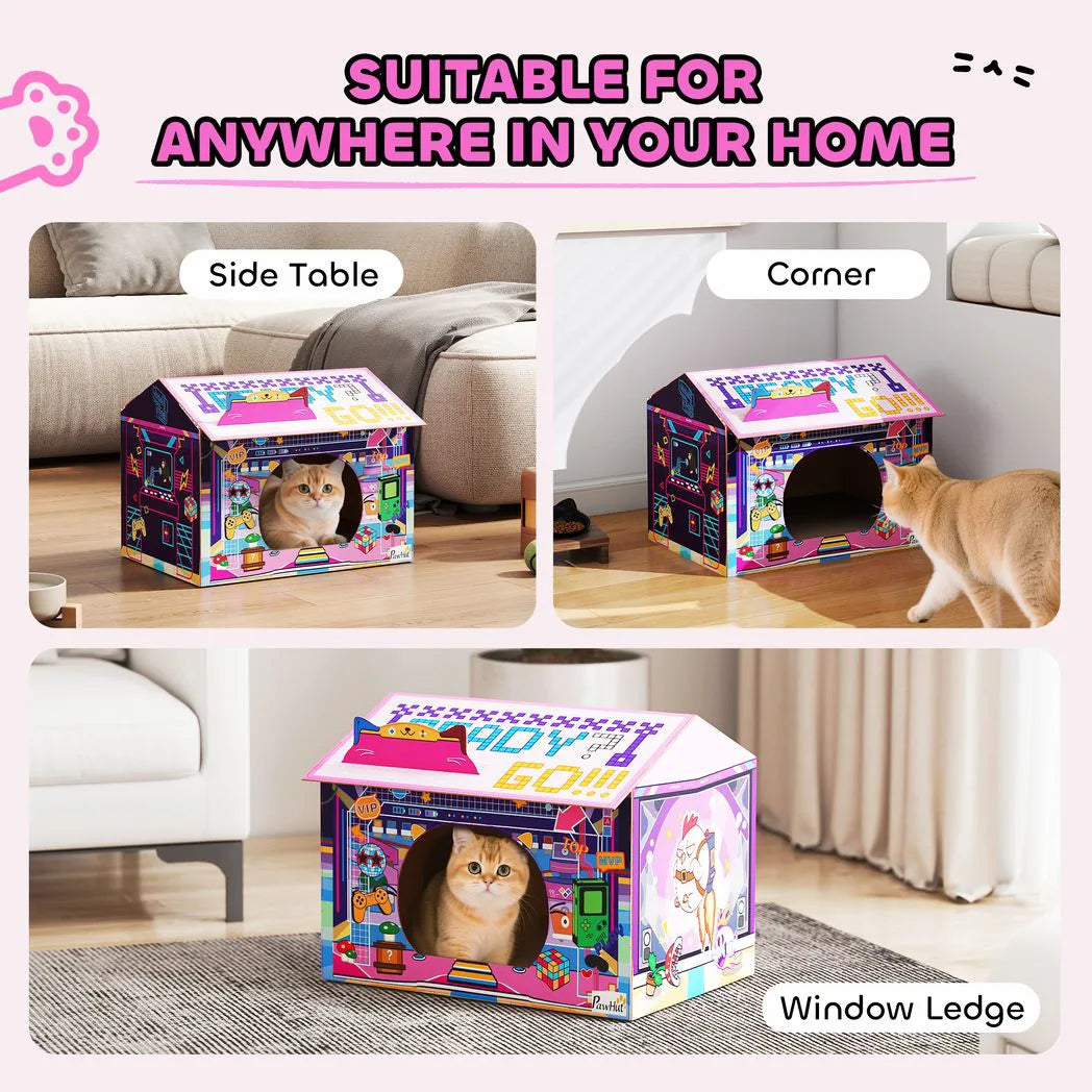 PawHut 2-in-1 Gaming-Style Cardboard Cat House with Scratching Board and Catnip – Indoor Cat Scratcher, Pink