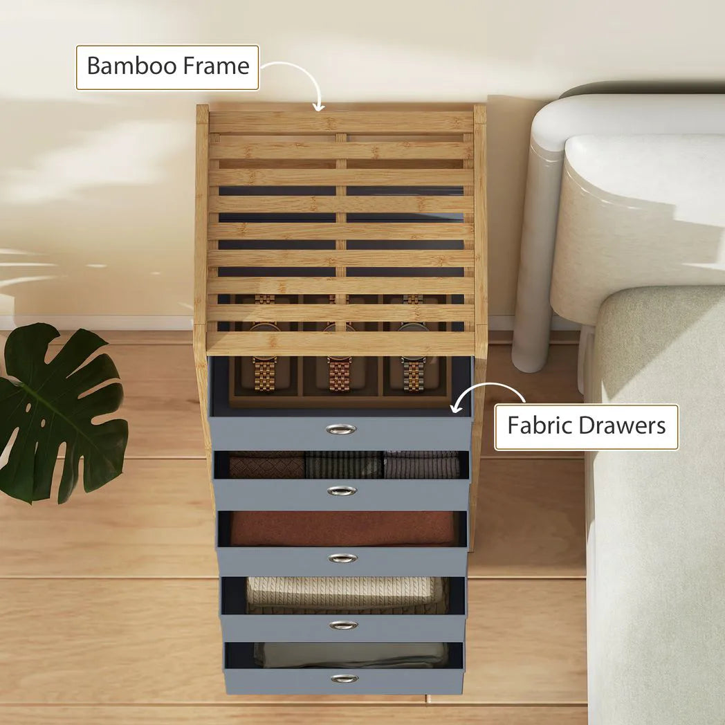 HOMCOM 5-Drawer Narrow Chest of Drawers with Fabric Drawers & Bamboo Frame – Slim Storage, Light Grey