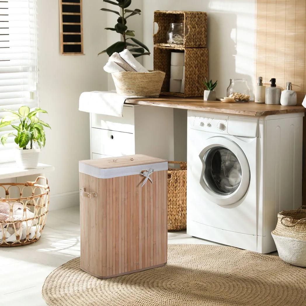 HOMCOM 70L Collapsible Bamboo Laundry Hamper with Lid & Removable Lining – Washing Basket, 40x30x60cm