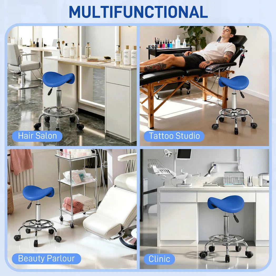 HOMCOM Salon Saddle Stool, Adjustable 51–66cm – Rolling Chair for Massage, Spa, Beauty and Hairdressing, Blue