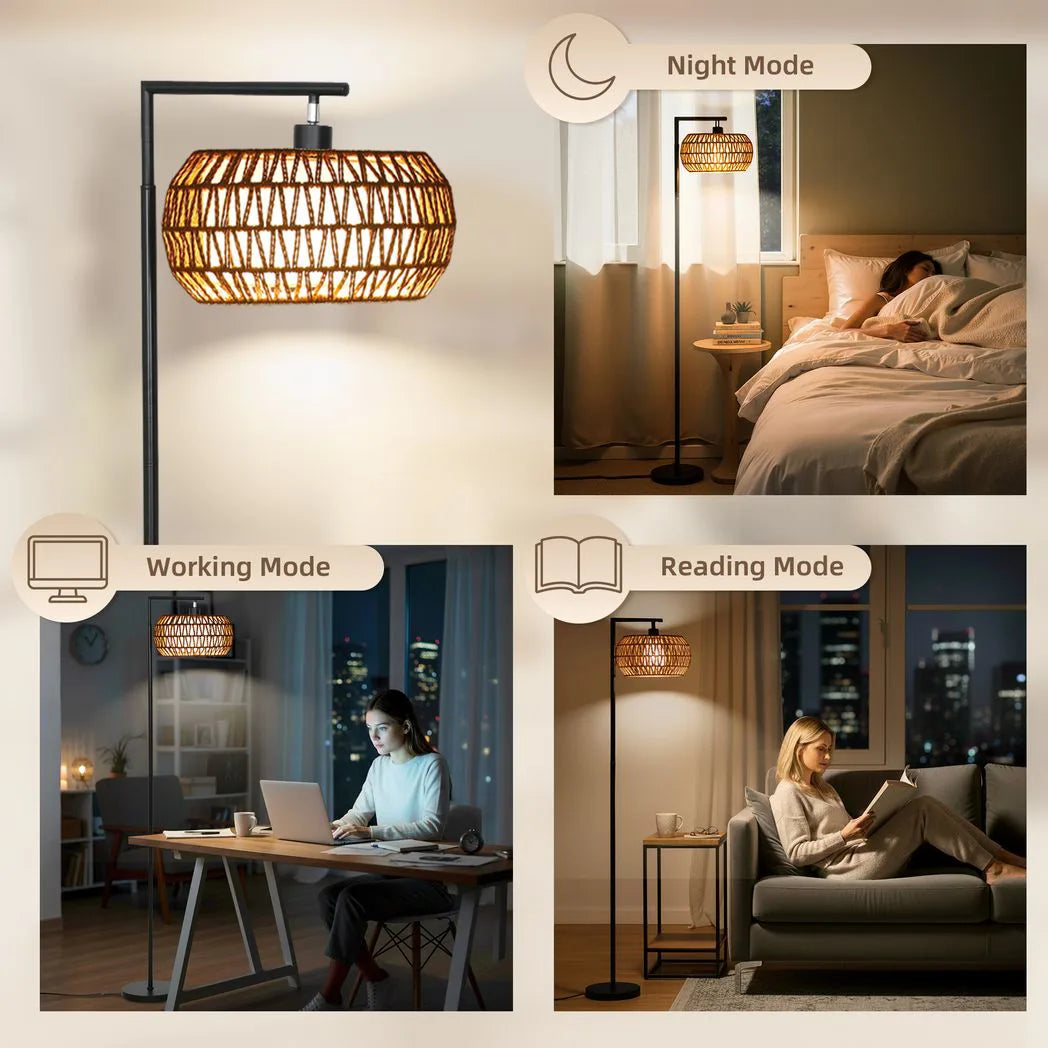 HOMCOM Boho Dimmable LED Floor Lamp with Remote Control – Adjustable Colour Temperature, Double Shade, Black