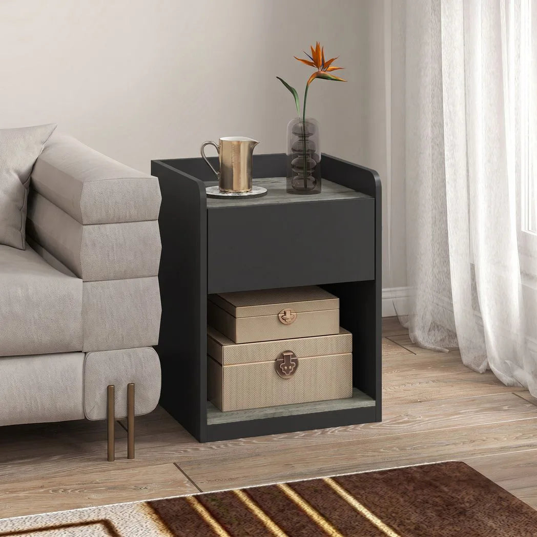 HOMCOM Modern Slim Bedside Table with Drawer, Shelf & Cable Holes – Nightstand, Black and Grey Wood Effect