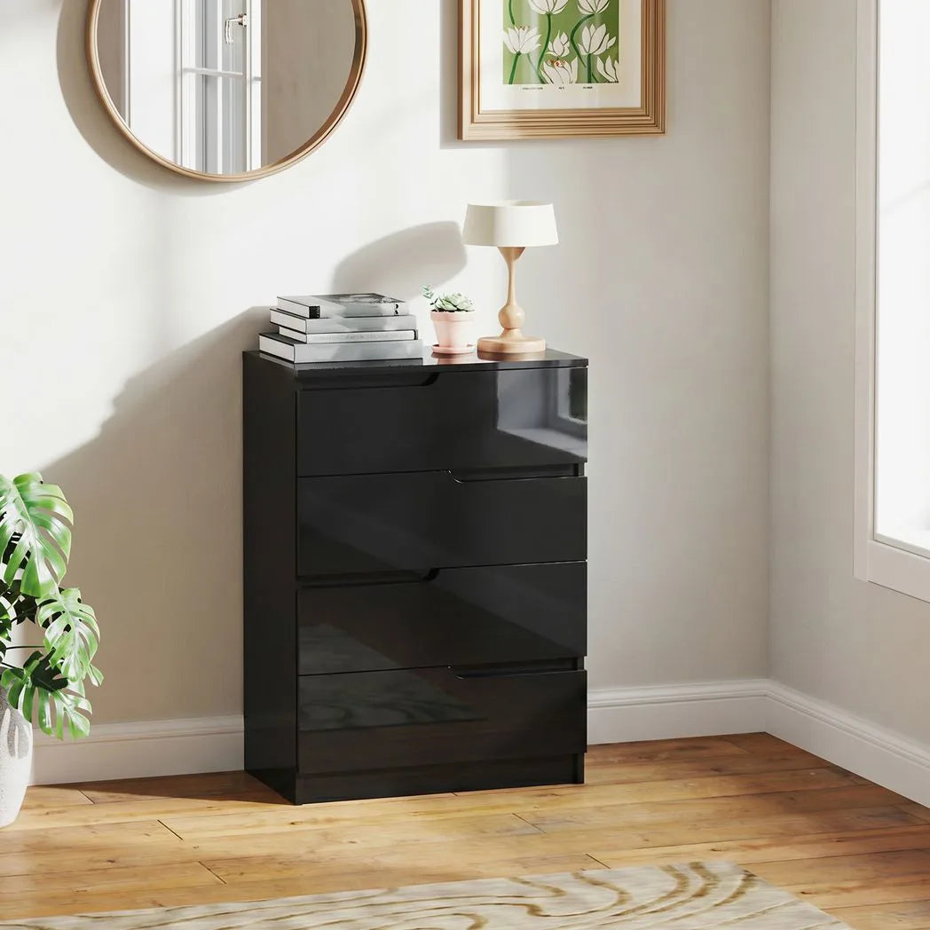 HOMCOM Four-Drawer Chest of Drawers with High Gloss Fronts and Hidden Handles – Bedroom Storage Dresser, Black