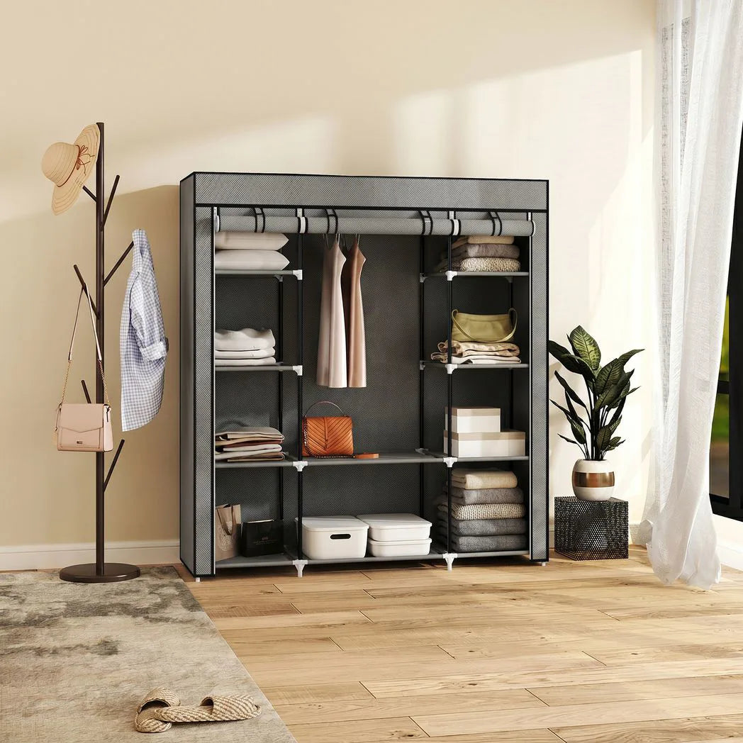 HOMCOM Portable Fabric Wardrobe with Hanging Rail, 10 Shelves and Roll-Up Doors – Foldable Clothes Storage, Dark Grey
