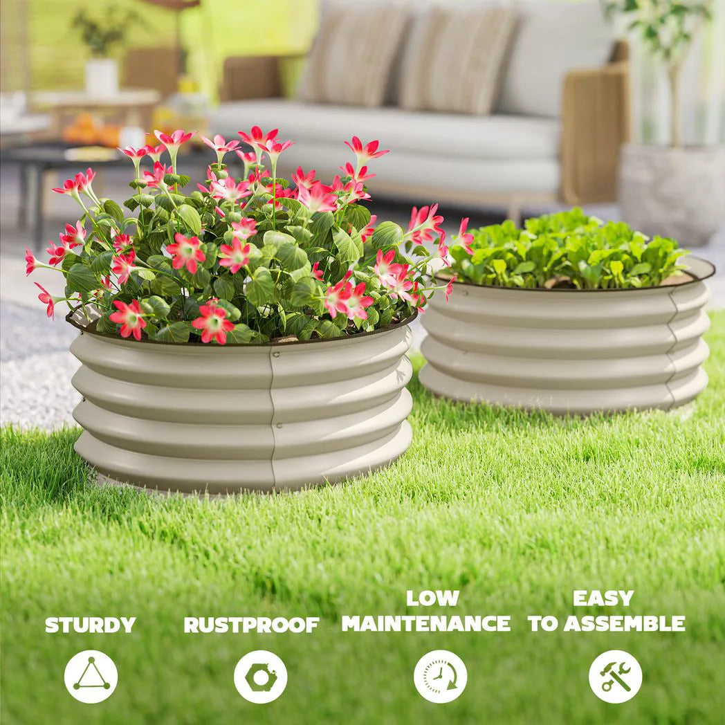 Outsunny Set of 2 Galvanised Raised Garden Beds with Safety Edging – Open-Bottom Planters, Cream White