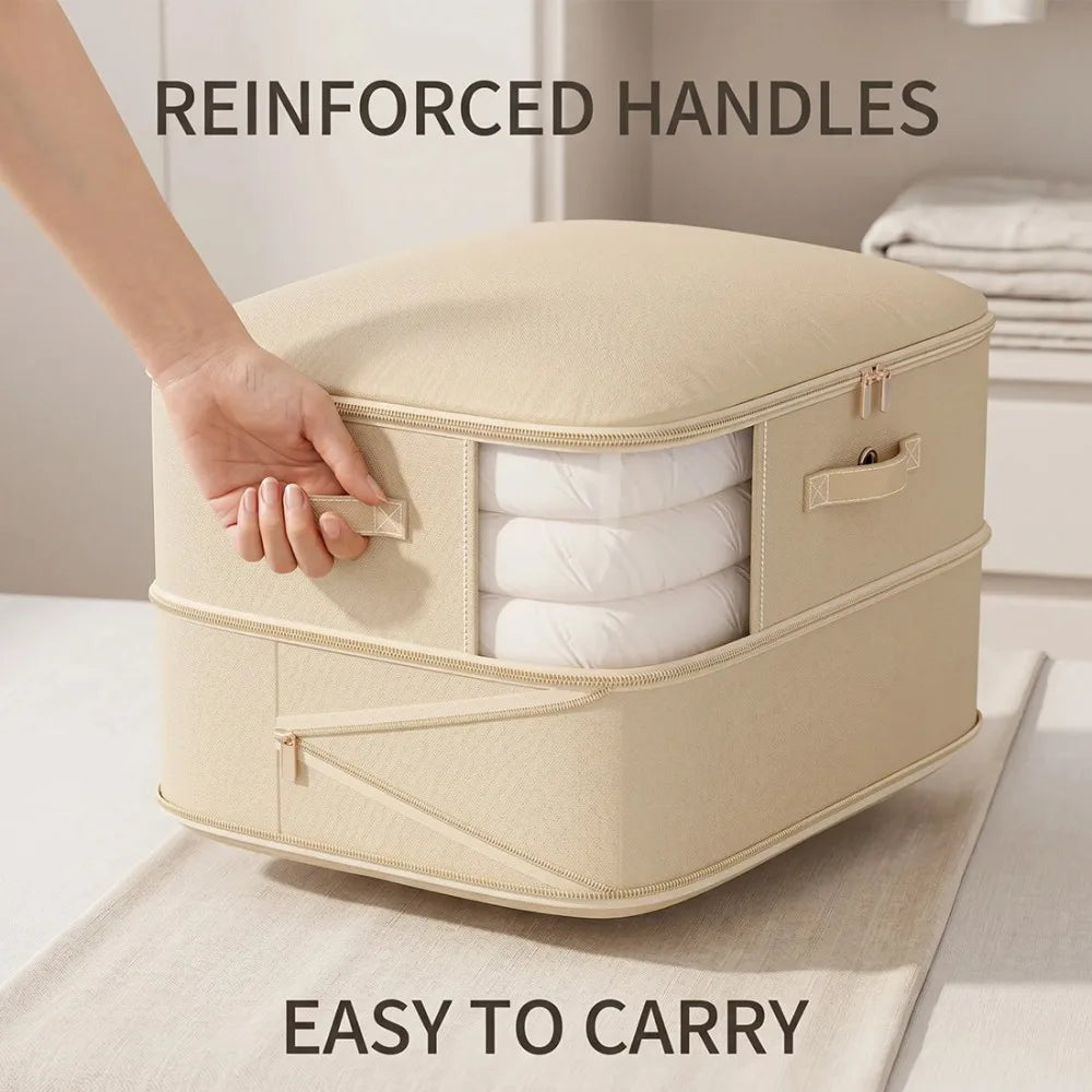 4 Zippered Foldable Clothes Storage Bags with Clear Window & Reinforced Handles – Large Bedding Storage, Beige