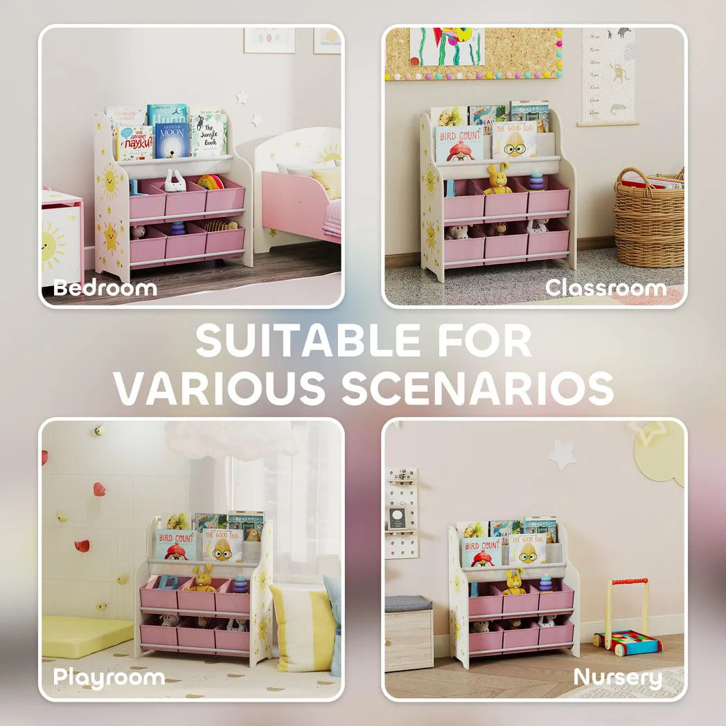 AIYAPLAY Kids Storage Unit with 6 Fabric Drawers & 2-Tier Sling Book Rack – Toy Organiser for Bedroom or Playroom, Pink