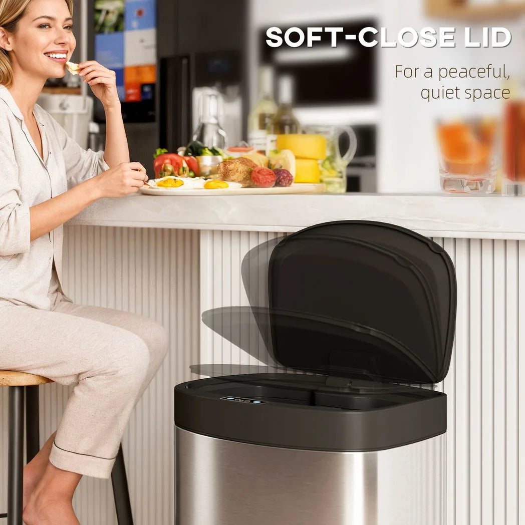 HOMCOM 55L Automatic Sensor Bin with Soft-Close Lid – Touchless Fingerprint-Resistant Kitchen Bin, Stainless Steel