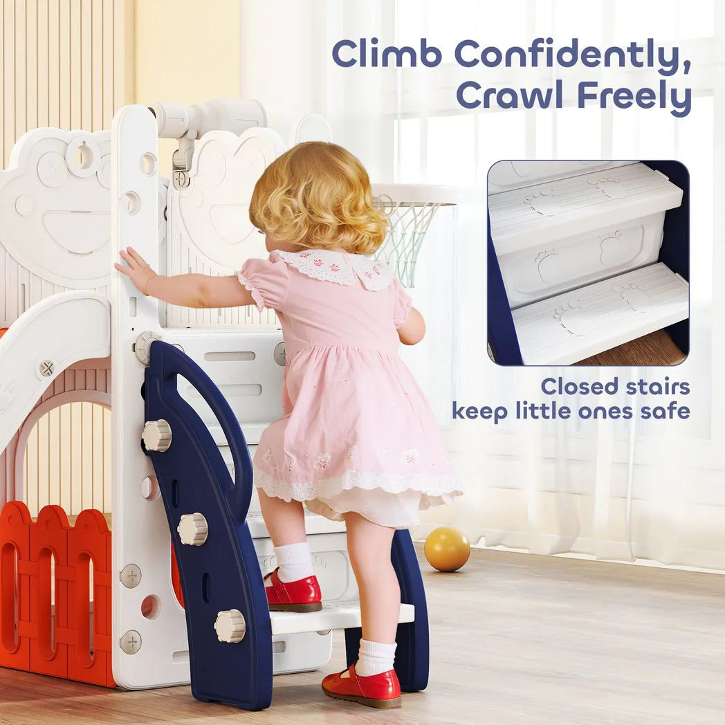 AIYAPLAY 5 in 1 Kids Slide Set with Basketball Hoop, Climbing Frame, Telescope & Storage Box – Toddlers 1-3