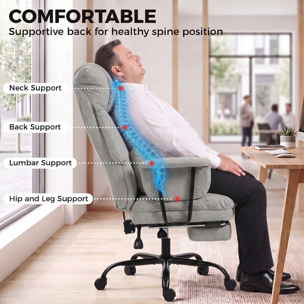 HOMCOM Heavy Duty Office Chair, 180kg Capacity, Linen-Look with Lumbar Support, Spring Cushion, Footrest, Grey