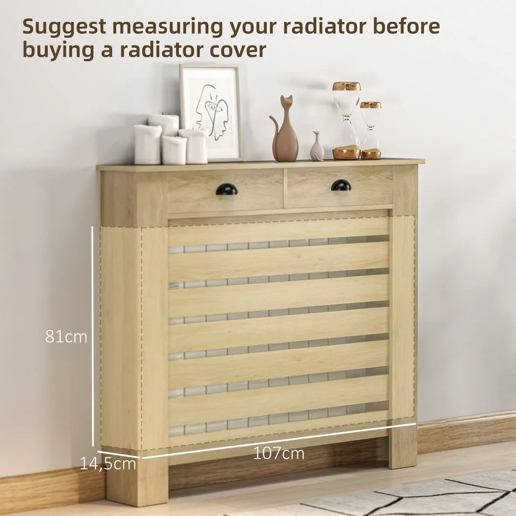 HOMCOM Radiator Cover with Top Drawer and Slatted Centre, 95.5H x 111W cm – Oak