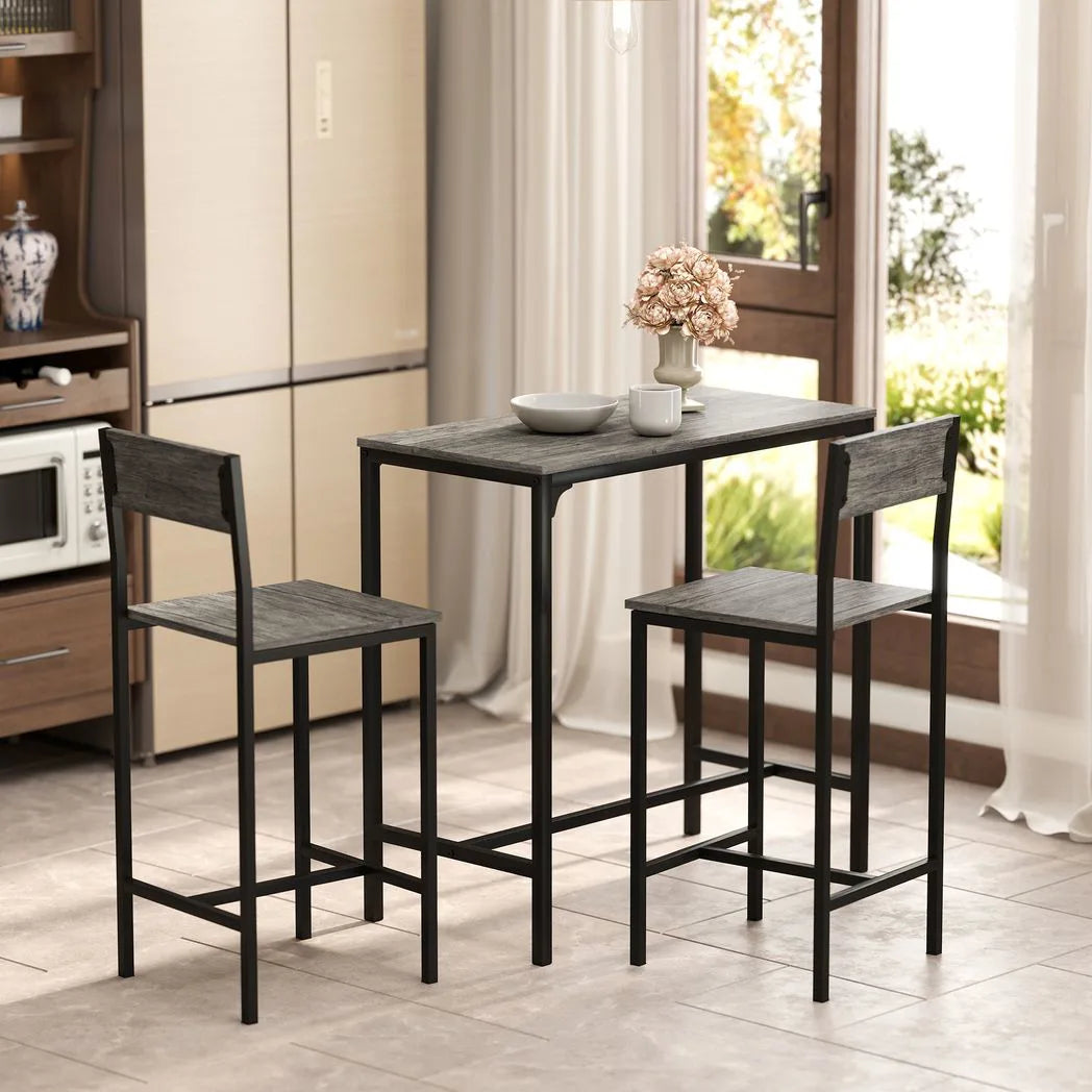 HOMCOM 3-Piece Industrial Bar Table Set with 2 Stools, Backrest and Footrest – Space-Saving, Charcoal Grey