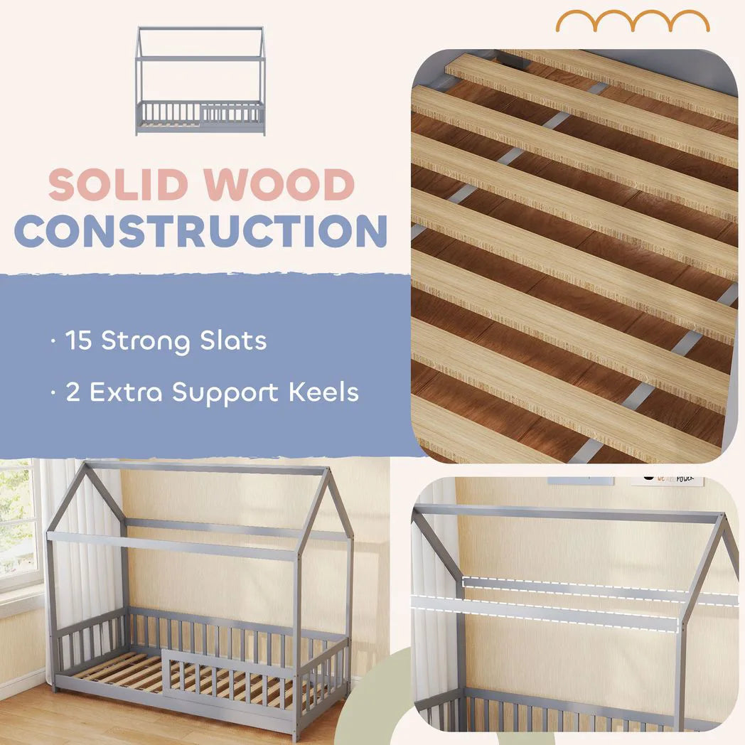 HOMCOM House-Shaped Kids Single Bed Frame with Guard Rails – Solid Pine, Grey