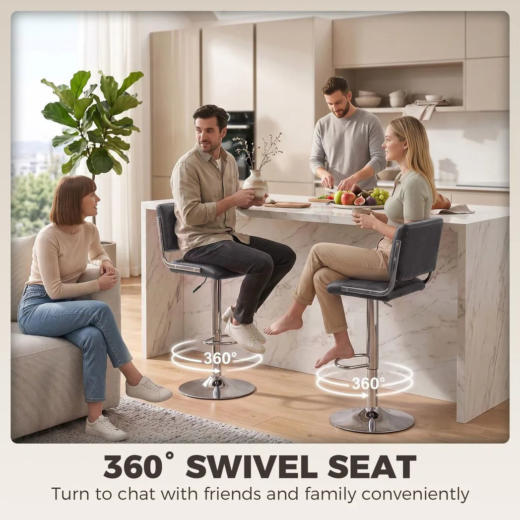 HOMCOM Set of 2 Swivel Bar Stools with Adjustable Height 62–83cm, PU Leather Seats and Backrest, Grey