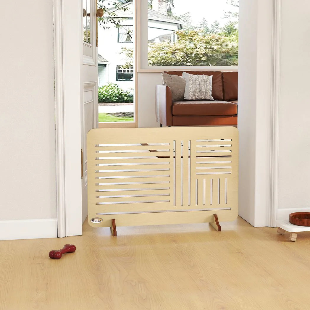 PawHut Freestanding Pet Gate with Support Feet – Portable Dog Barrier for Small Breeds, Natural Wood