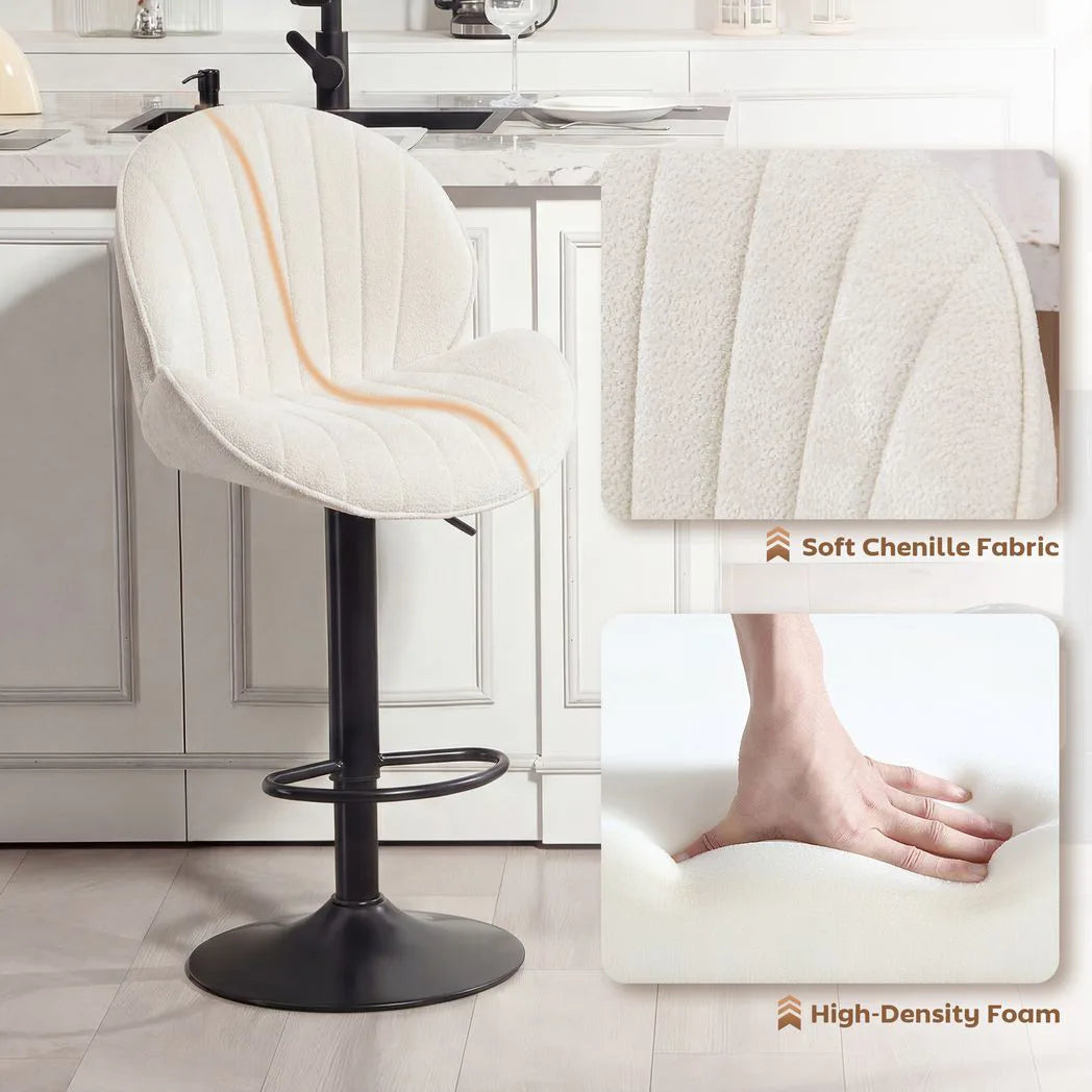 HOMCOM Set of 2 Swivel Bar Stools with Back, Adjustable Height and Footrest – Chenille Kitchen Stools, Cream