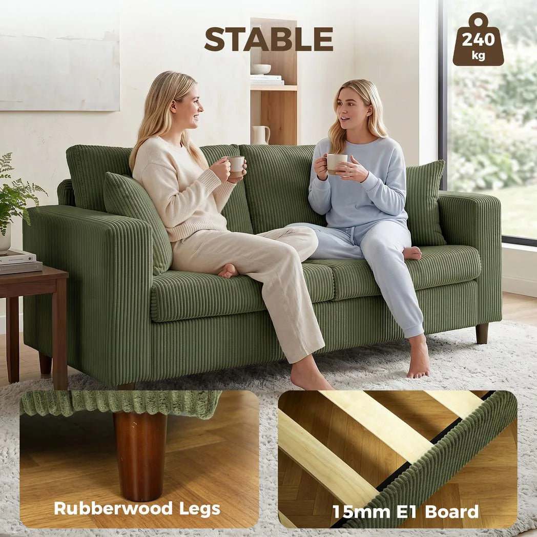 HOMCOM Corduroy 2 Seater Sofa with Wide Seat and Pocket Spring Cushions – Loveseat Couch, Green
