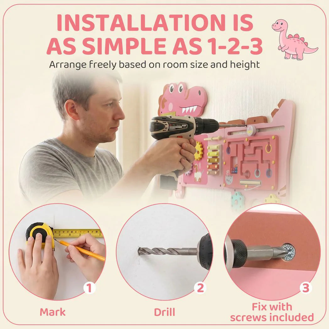 AIYAPLAY Wall-Mounted Montessori Busy Board with Xylophone – Dinosaur Toddler Learning Centre, Pink