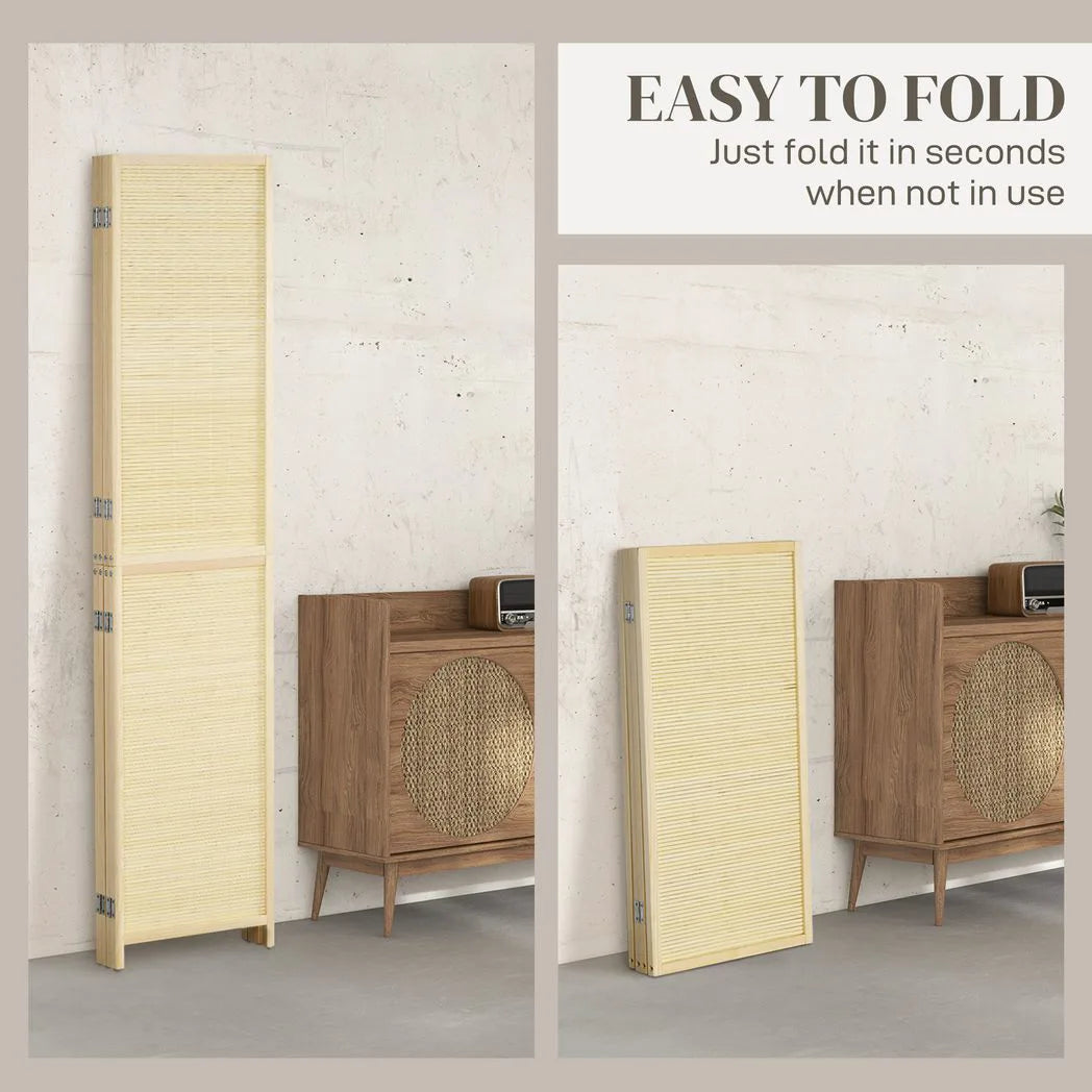 HOMCOM 4-Panel Bamboo Rattan Room Divider – Freestanding Folding Privacy Screen, 180 x 180cm, Natural