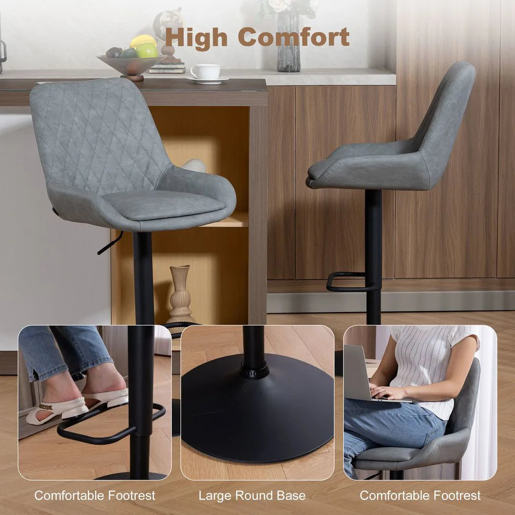 HOMCOM Set of 2 Retro Faux Leather Bar Stools with Swivel Seat & Adjustable Height – Diamond Tufted, Light Grey