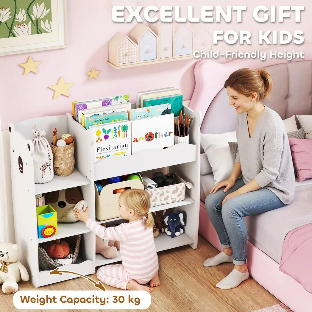 AIYAPLAY Bear Kids Toy Storage Unit with Open Bookshelf – Organiser for Bedroom, Nursery & Playroom, White