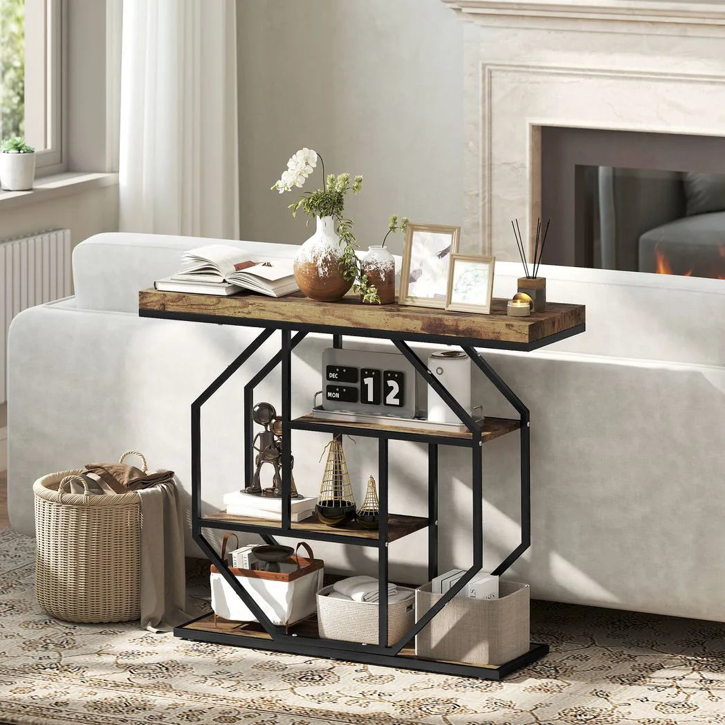 HOMCOM 4-Tier Industrial Console Table with Metal Frame – Entryway Hall Table, Rustic Brown