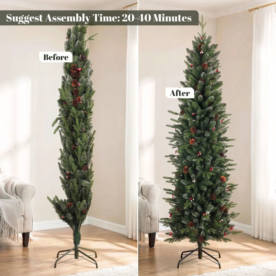 HOMCOM 7ft Slim Artificial Christmas Tree, Gracious Pine with 904 Tips, Pine Cones and Berries, Green