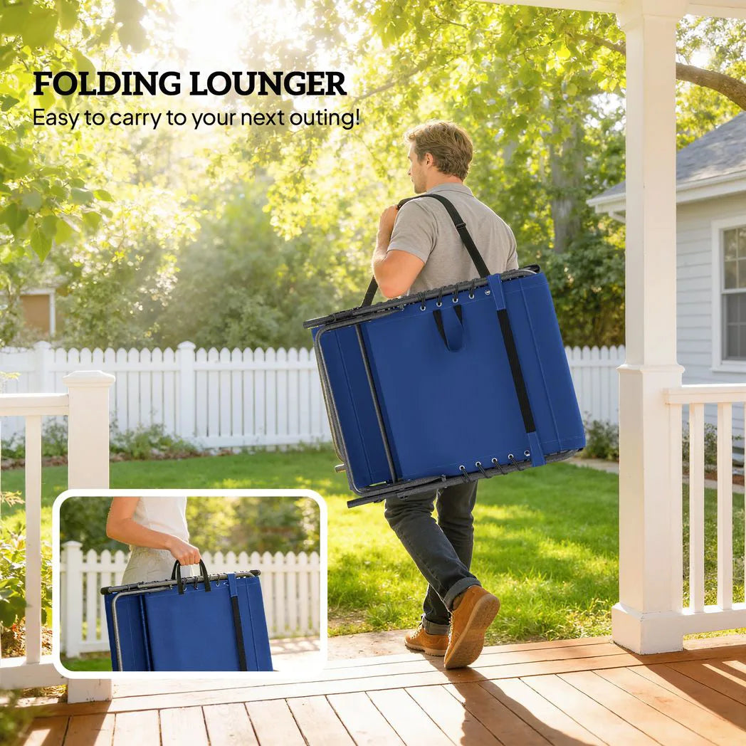 Outsunny Set of 2 Folding Sun Loungers, 5-Position Reclining with Pillow, Side Table and Pocket, Dark Blue