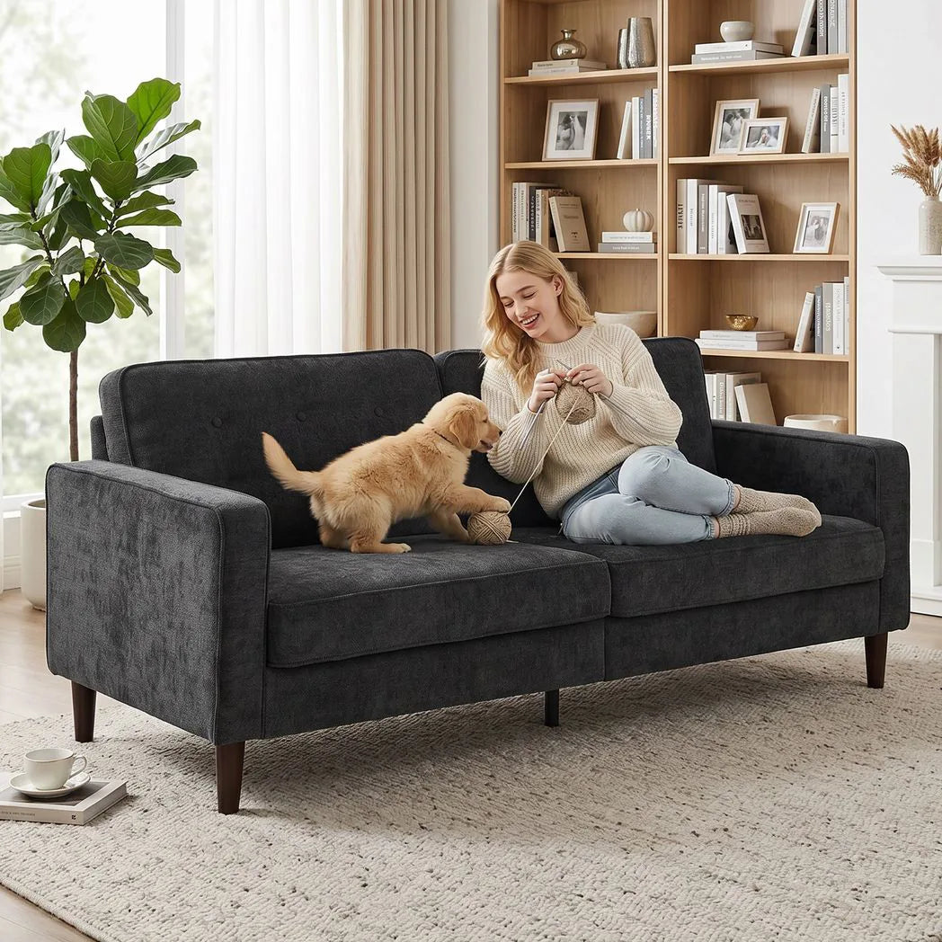 HOMCOM 3 Seater Sofa with Button-Tufted Back and Rubberwood Legs – Velvet-Feel Couch, Dark Grey