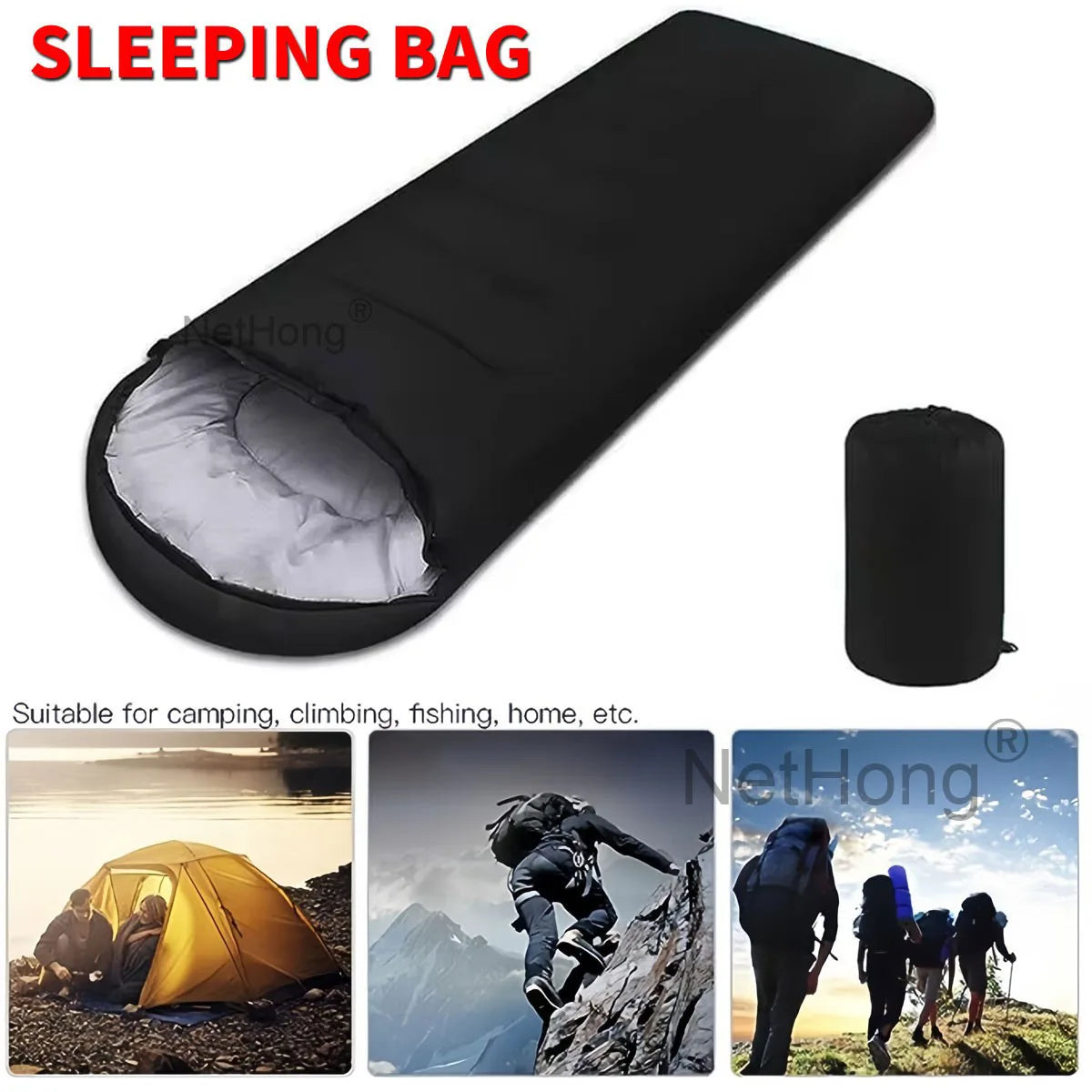 3-4 Season Single Sleeping Bag with Hood & Carry Bag – Rectangular Envelope Zip-Up Camping Bag for Adults & Kids