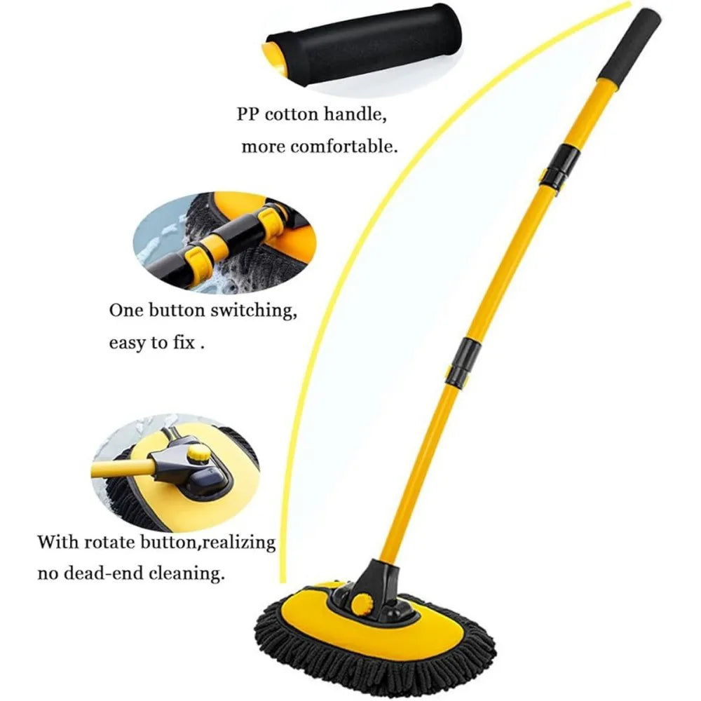 Telescopic Car Wash Brush Kit with Long Handle and 2 Microfibre Mop Heads – 15° Curved, 90° Rotating