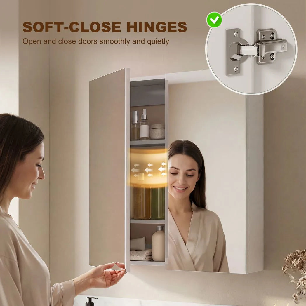 HOMCOM Wall-Mounted Bathroom Mirror Cabinet with Dual Mirrored Doors, Soft-Close Hinges and Adjustable Shelf, White