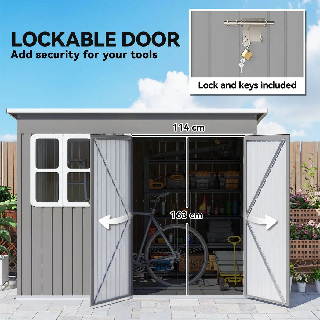 Outsunny 8.5 x 6ft Galvanised Steel Garden Shed with Foundation Kit, Window, Lockable Doors & Air Vents – Outdoor Storage, Light Grey