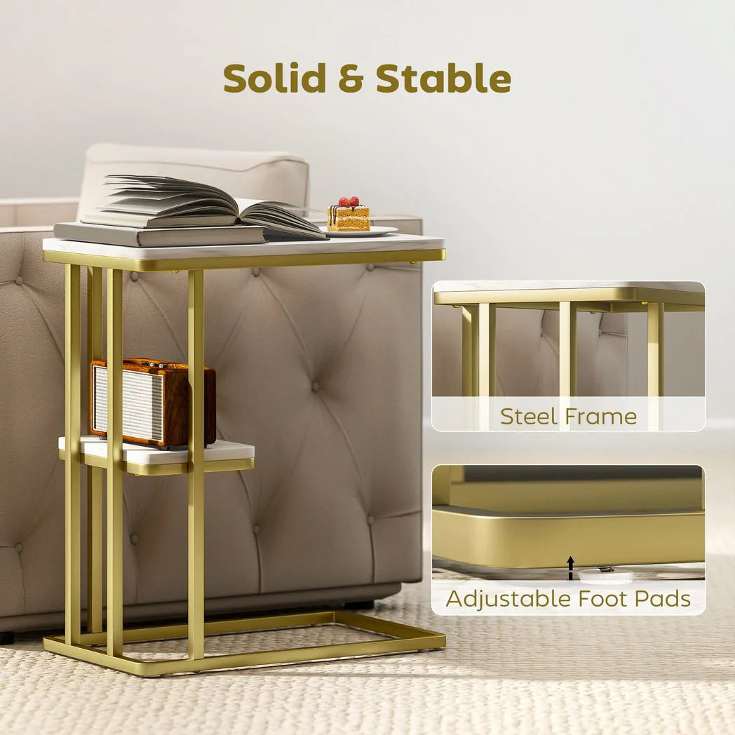 HOMCOM C-Shaped Narrow Side Table with 2-Tier Storage – Slim Sofa Table or Nightstand, White Marble Effect