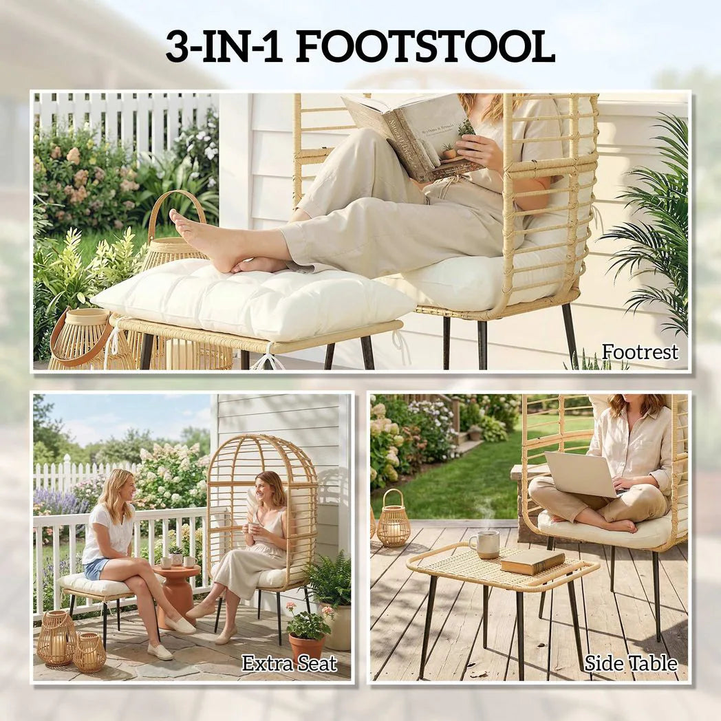 Outsunny Rattan Egg Chair with Footstool and Thick Cushions – Indoor Outdoor Garden Lounge Set, Beige