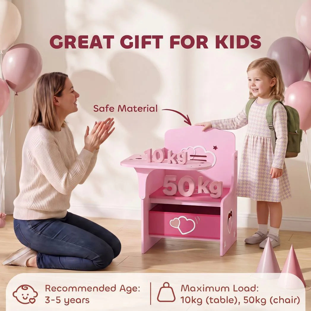 AIYAPLAY Kids Table and Chair Set with Storage Bin – Desk for Play, Reading and Painting, Ages 3–5, Pink