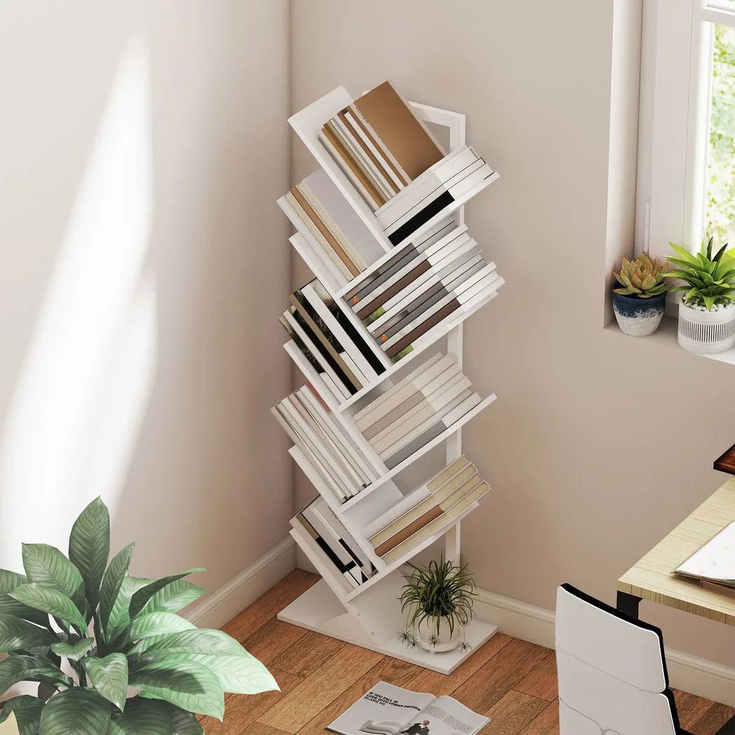 HOMCOM 9-Tier Tree Bookshelf with Steel Frame – Industrial Free Standing Bookcase for Books & Display, White