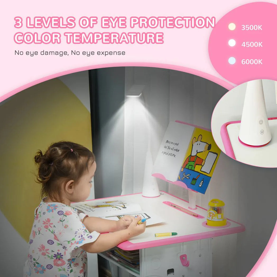 HOMCOM Kids Desk and Chair Set with Adjustable Height, Drawer & Book Stand – Study Table, Ages 6-12, Pink