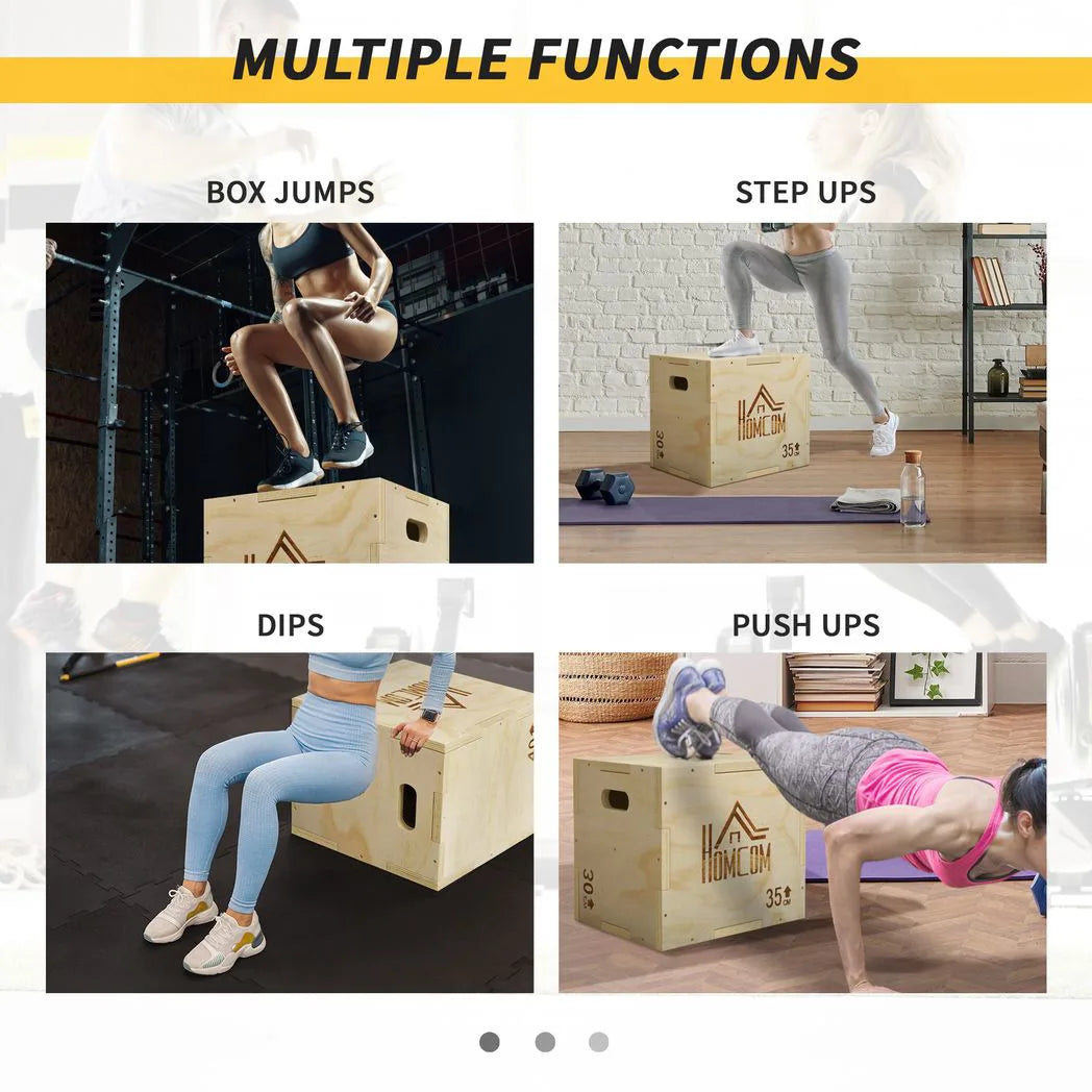 HOMCOM 3-in-1 Wooden Plyo Box with Handle Openings – Plyometric Jump Box for Home Gym, 12" x 14" x 16", Natural
