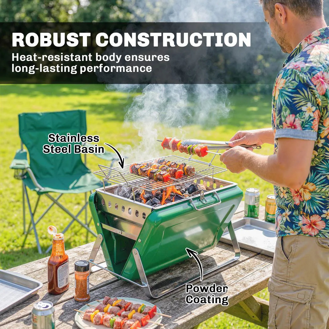 Outsunny Portable Briefcase Charcoal BBQ with Tilting Grate and Stainless Steel Basin, Dark Green