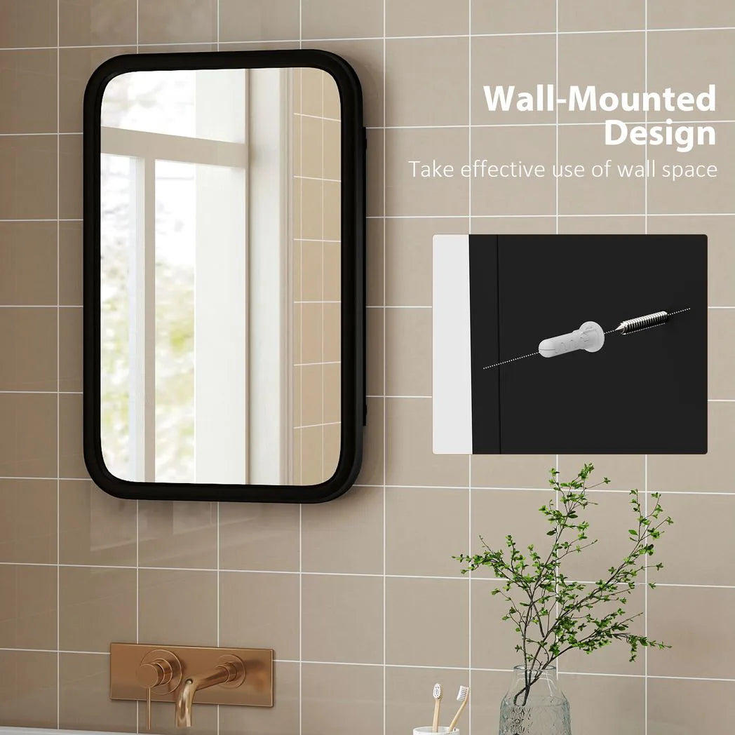 HOMCOM Bathroom Wall Cabinet with Tempered Mirror Door & 3 Shelves – Metal Mirror Cabinet for Bathroom or Hallway, Black
