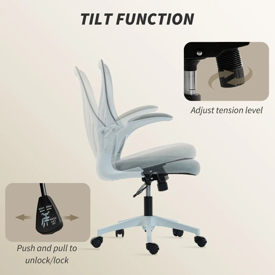 HOMCOM Mesh Office Chair with Foldable Backrest & Flip-Up Arms – Space-Saving Computer Desk Chair, Light Grey